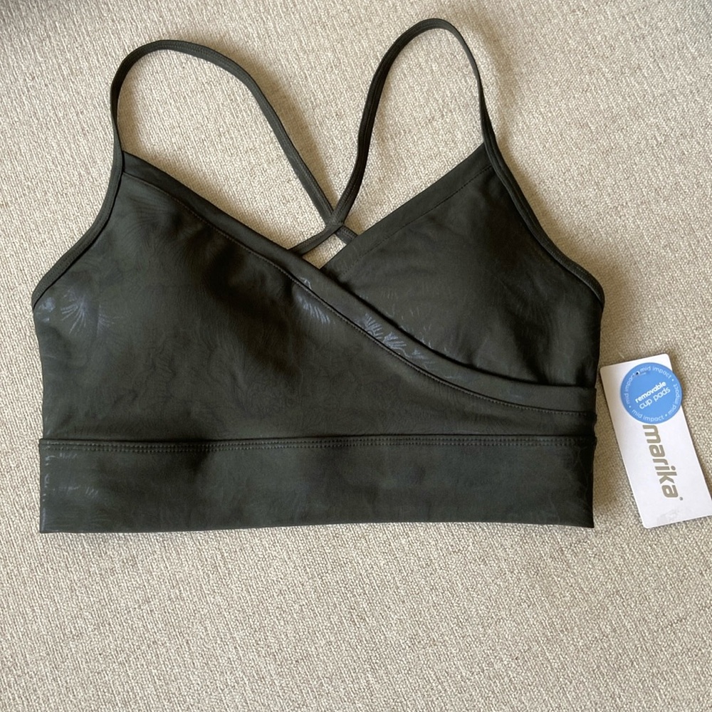 Marika sports bra in dark green with metallic black floral design. Sz M. New!